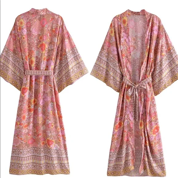 New Bohemian Floral Kimono Duster Jacket Robe Swim Cover Up - Picture 3 of 8